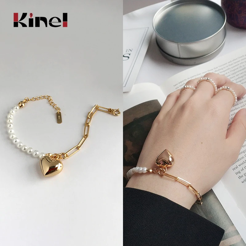 

Kinel bijoux Real Natural Round Pearl Bracelet 925 Sterling Silver Love 24K Bracelet Beads Jewelry Fine Woman Bracelet