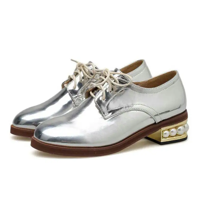 silver Gold Silver Women Shoes Vintage British Wind Round Head Lace-up Pearl Thick Heel Patent Leather Women's Single Shoes - Цвет: silver