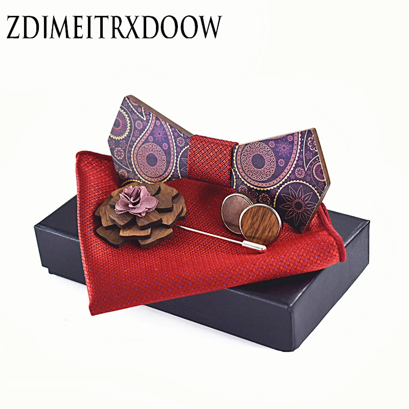 

ZDJMEITRXDOOW Man Fashion Wooden Bowtie Paisley Corbatas Gravata Jacquard Tie Handkerchief Cufflinks Tie For Men Gift Box