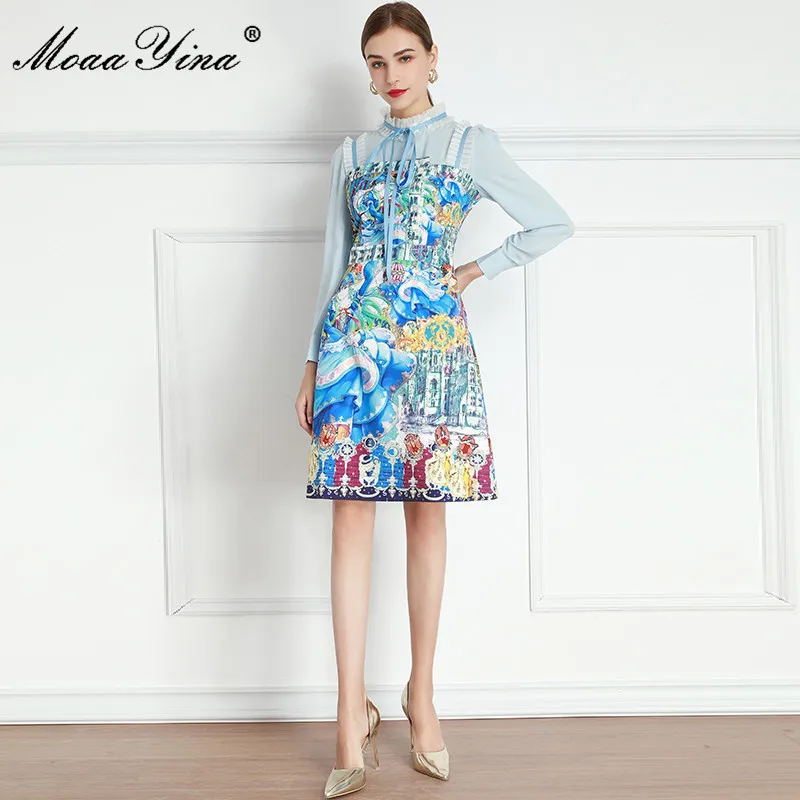 

MoaaYina Fashion Designer dress Spring Women's Dress Long sleeve Lolita Style Print Slim Elegant Dresses
