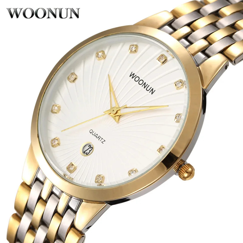 

Top Brand Luxury Rhinestone Diamond Men Watches Woonun Luxury Men Gold Watches Mens Stainless Steel Quartz Watches Free Shipping