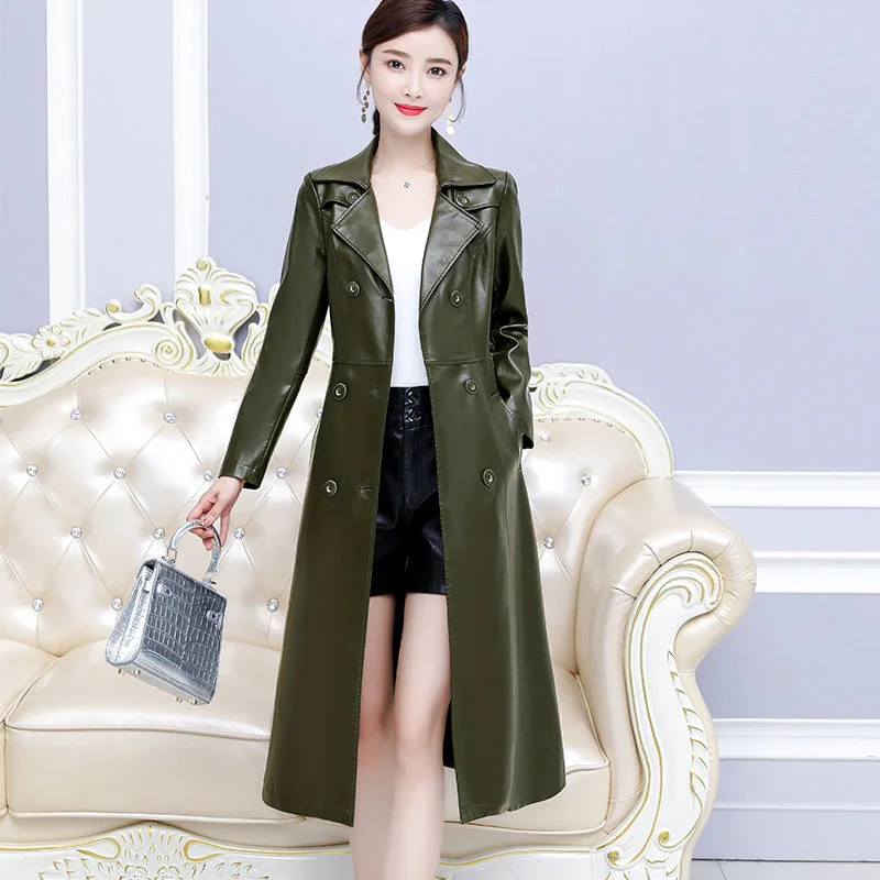 Long Black Red Leather Trench Coat For Women Long Sleeve Belt Lapel Women Fashion 2023 Luxury Autumn Winter Outerwear
