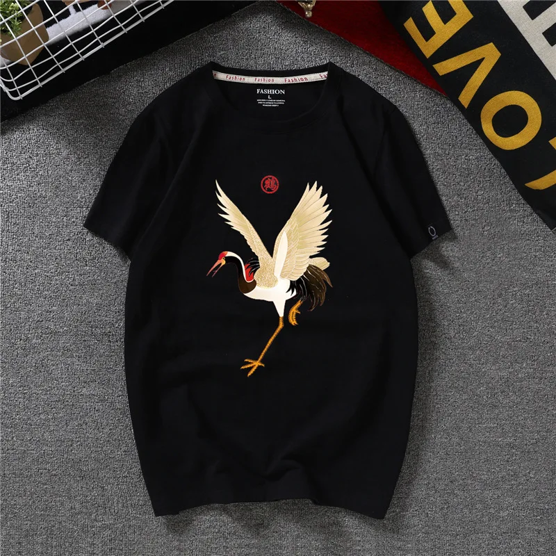 

Summer Fashion New Harajuku Style Men's T Shirts Cotton Embroidery Crane Men's T-shirt Men's Short Sleeves T-shirt Size S -5XL