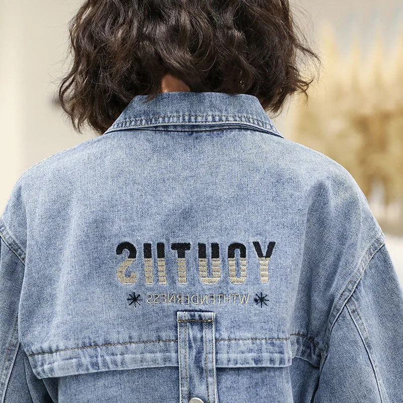 

Fall 2020 Women Jean Jackets Korean Loose Letter Embroidery Long Sleeve Cropped Jacket Female Fashion Single Breasted Denim Coat