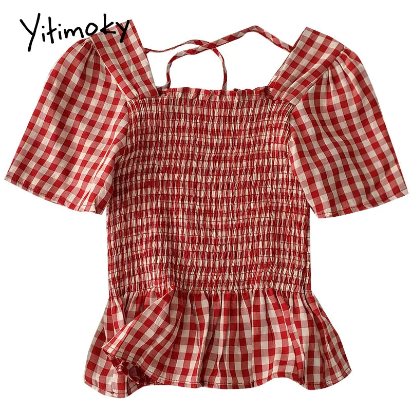 

Yitimoky Plaid Shirt Women Korean Fashion Spaghetti Short Folds Top Vintage Short Sleeve Top Summer 2021 NewCasual Ladies Blouse
