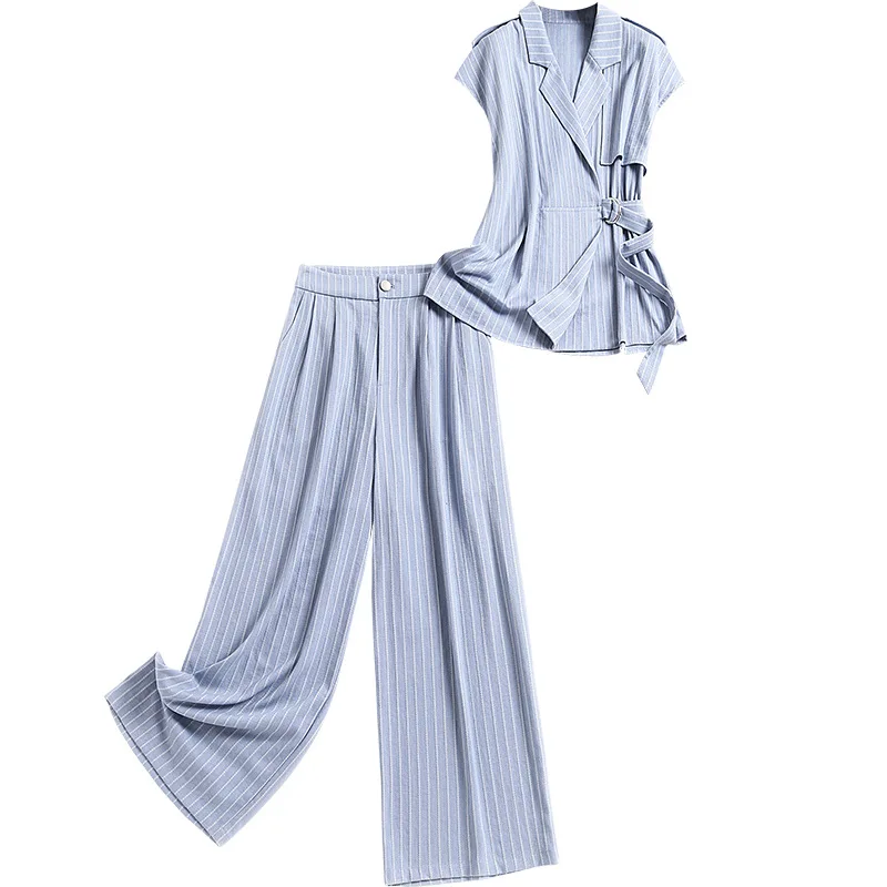 

Women office 2 piece outfits summer 2021 high quality fashion sashes vest tops and wide leg pants suits elegant matching set