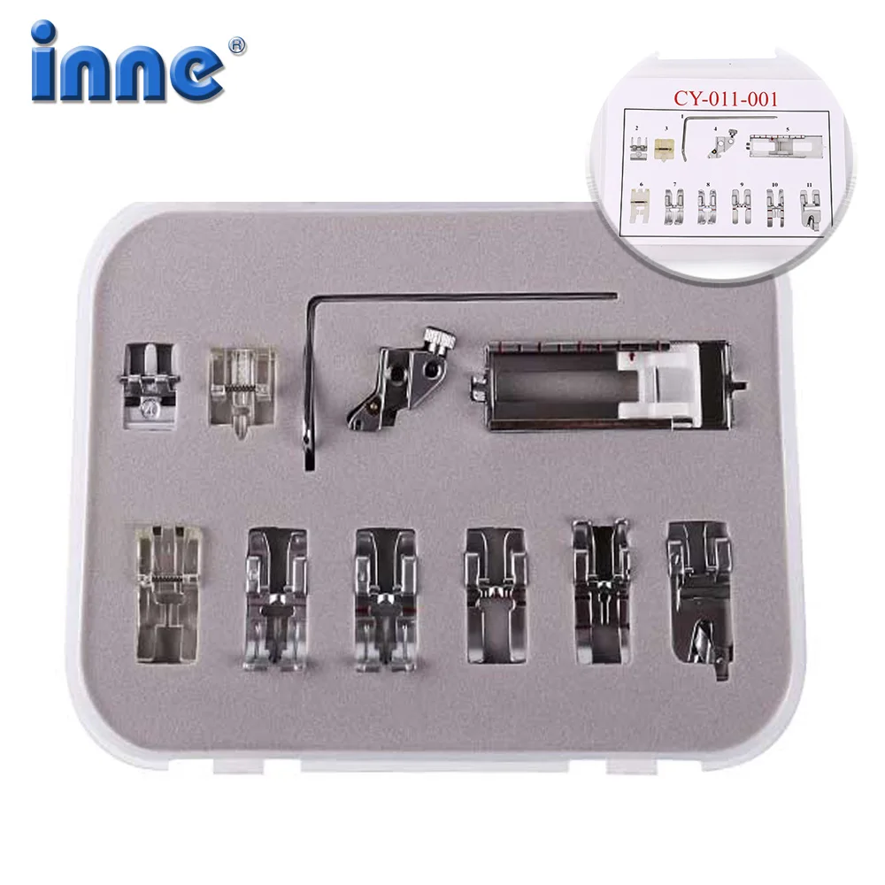 

INNE 11PCS Sewing Machine Accessories Presser Foot Feet Kit Set With Box Brother Singer Stitch Tools Rolled Hem Supplies Metal