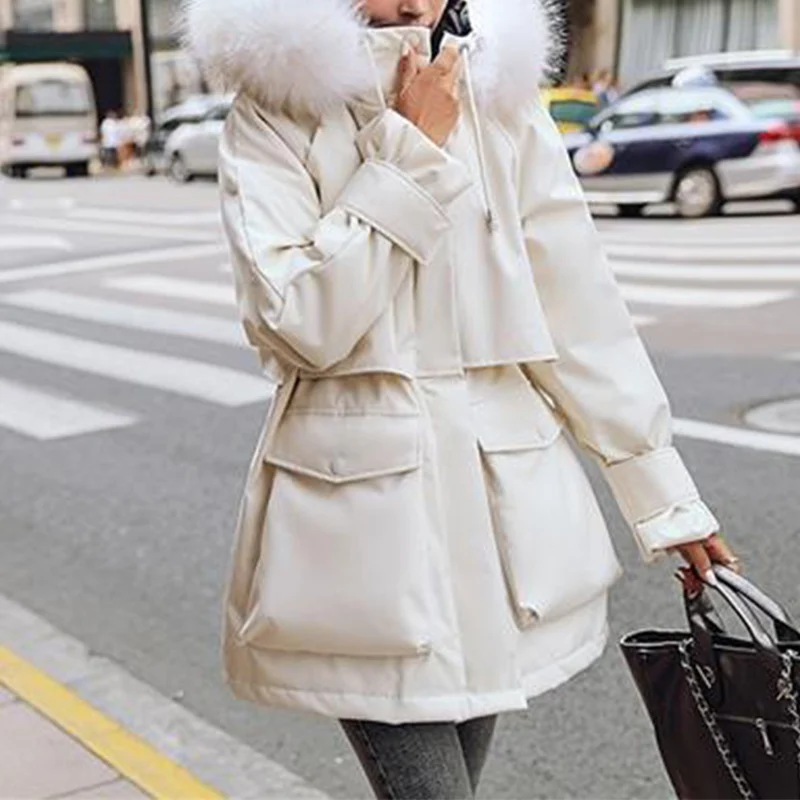 

Oversized Thick Velvet Fur Hooded Women Down Coat Warm Cotton Long Sleeve Big Pocket Parkas Female 2021 Winter Lady Outerwear