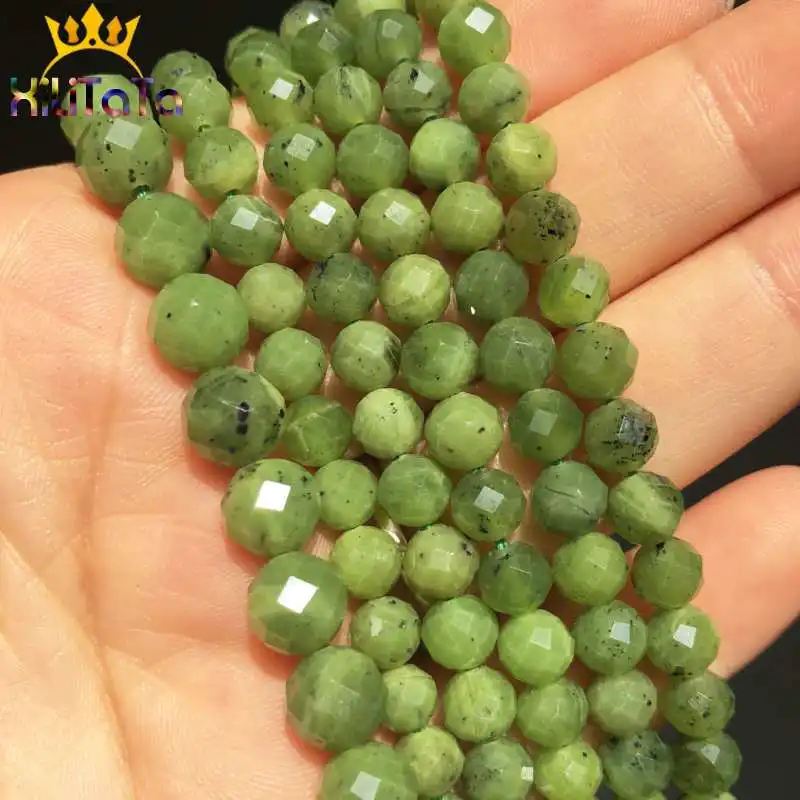 Natural Stone Green Canadian Jades Beads Faceted Round Loose Spacer Beads For Jewelry Making DIY Bracelet 7.5'' Strands 6mm/8mm