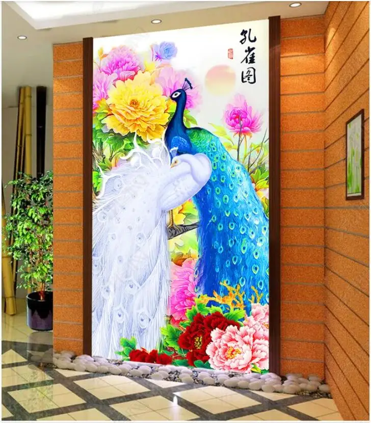 

3d wallpaper custom mural Chinese style peacock peony flowers and birds porch living room home decor photo wallpaper on the wall