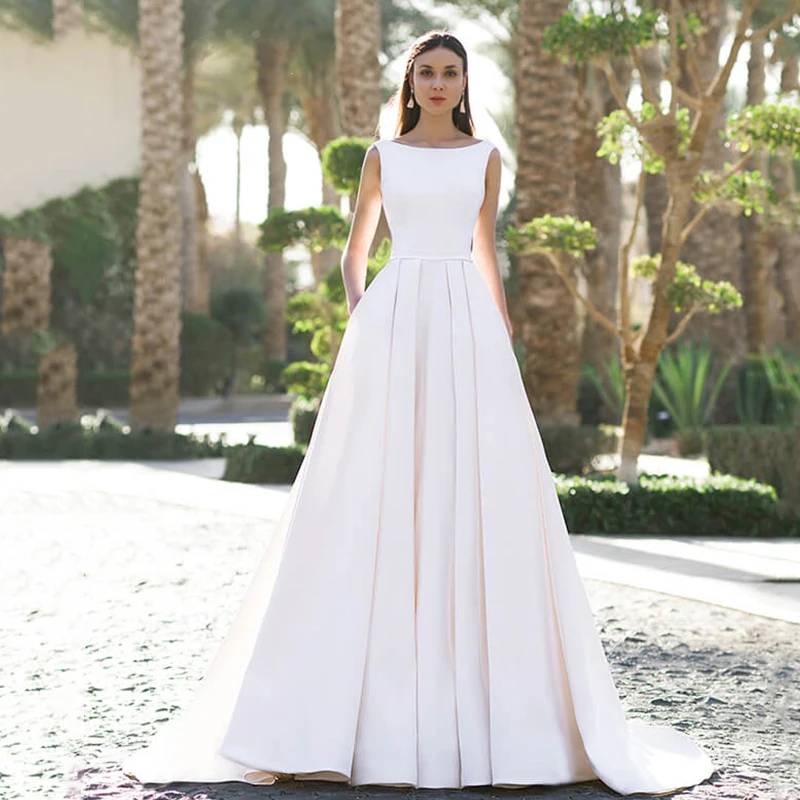 

BAZIIINGAAA простое Шелковистое свадебное платье без рукавов с круглым вырезом из органзы с широким плечевым ремнем, модная поддержка невесты на...