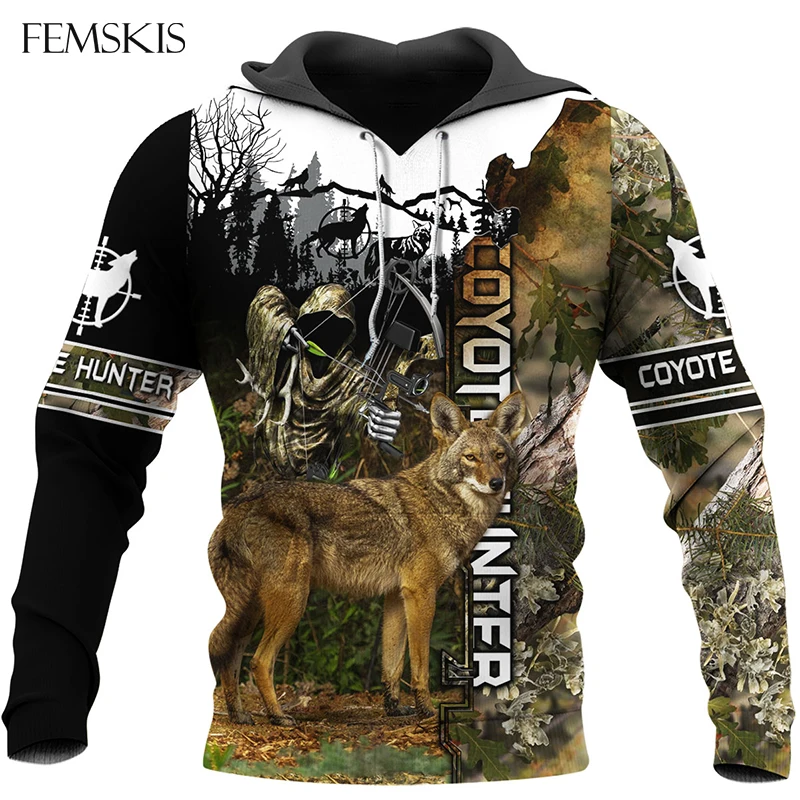 

FEMSKIS Wolf New 3D Printed Hoodie Animal Coyote Hunter Camo Hoody For Men Women Casual Streetwear Hoodies Tops Pockets With Hat