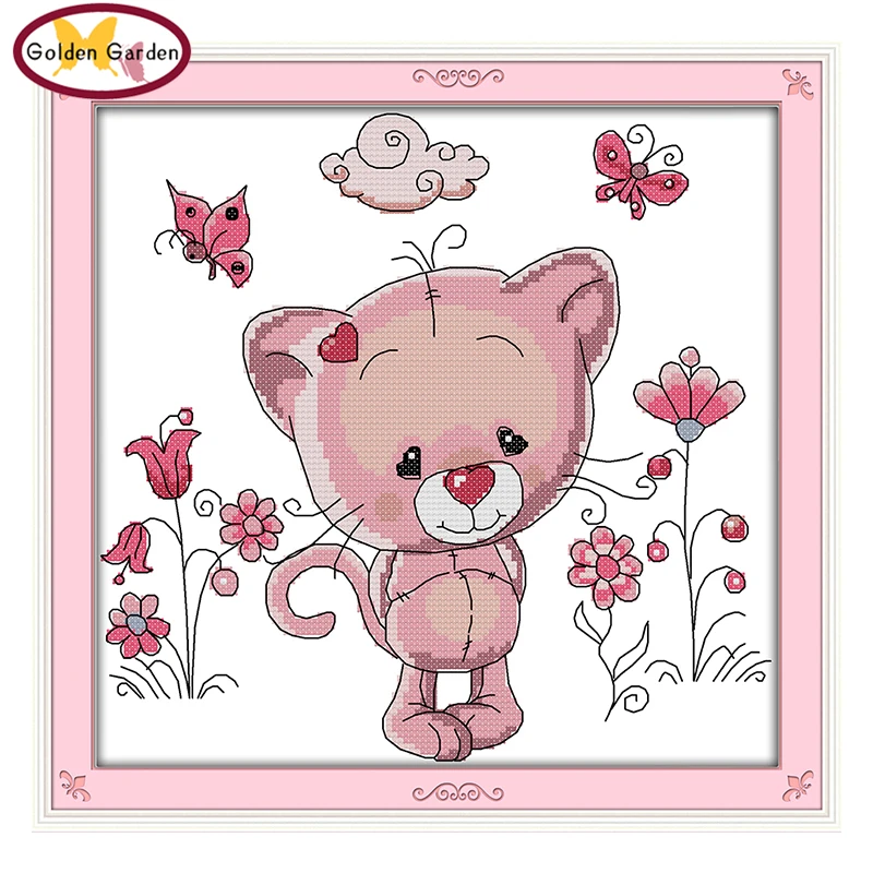 Набор для вышивки крестиком GG с изображением розового кота|cartoon cross stitch|cross stitch