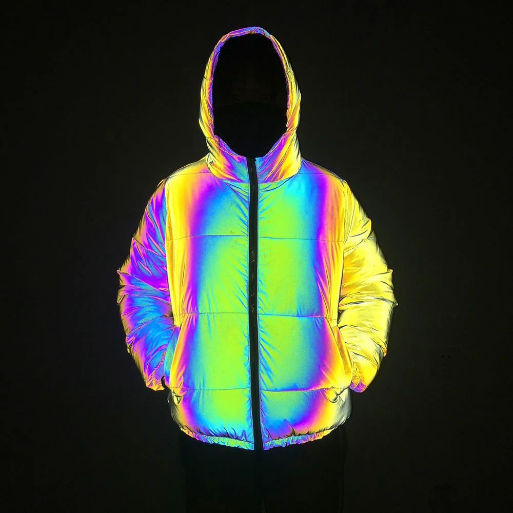 New Colorful Reflective Jacket Women Nightclub Hip-hop Seven-color Luminous Hooded Coat Windbreaker Men And Women Couples Coats