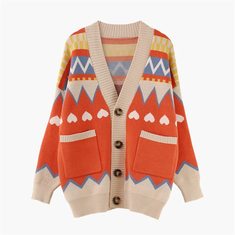 Элегантные женские свитера с разноцветным узором Осень-зима 2019 однобортные