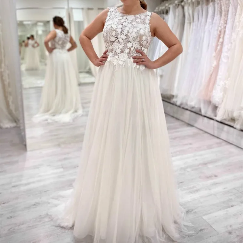 

Bohemian Wedding Dress O-Neck Sleeveless A-Line Lace Flowers Appliques Illusion Bridal Gown wedding gowns for bride mermaid