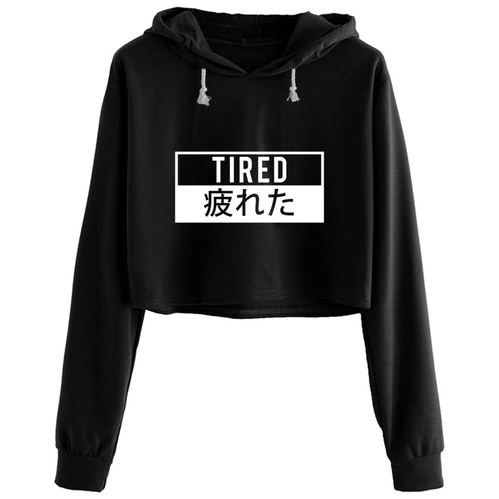 

Tired Japanese Aesthetic Vaporwave Design Crop Hoodies Women Goth Grunge Harajuku Anime Pullover For Girls