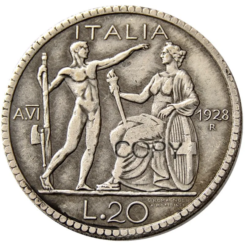 Италия 20 Lire 1927-1928 R посеребренные копии монет