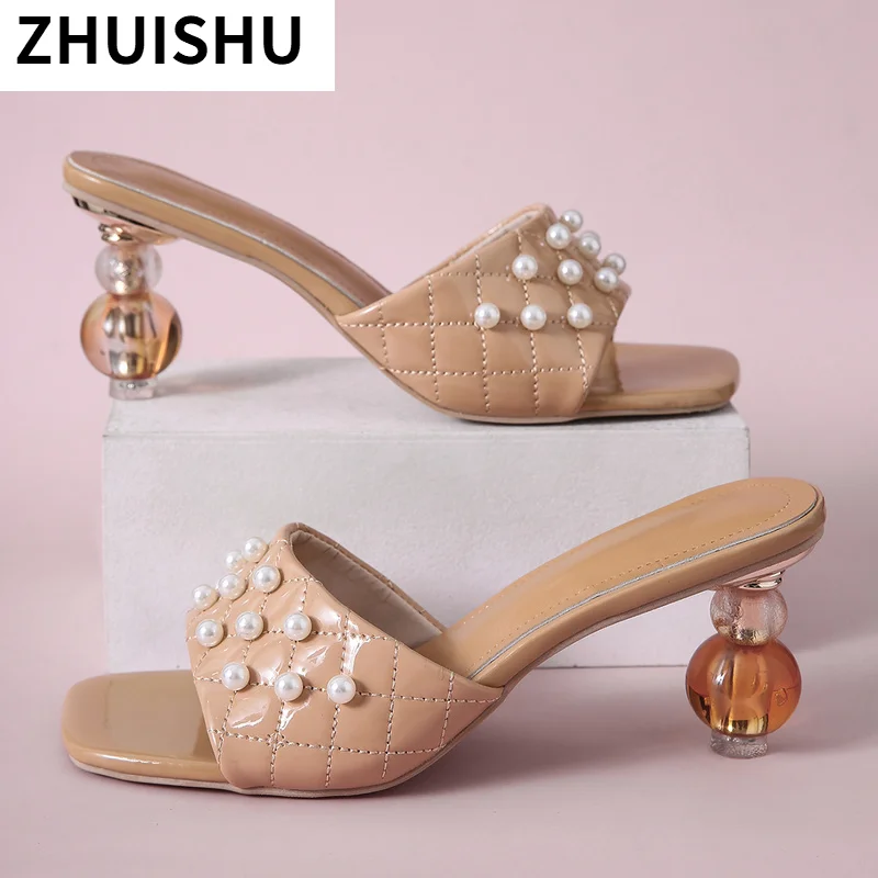 

Женские сандалии с бусинами, модные летние женские тапочки, уличная одежда, туфли на высоком каблуке с открытым носком в римском стиле, женс...