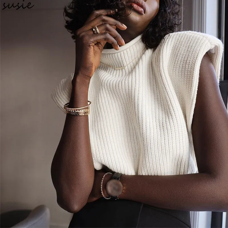 

Women Ribbed Knit Loose Sleeveless Vest Turtleneck Solid Color Sweater Tank Top X7YA