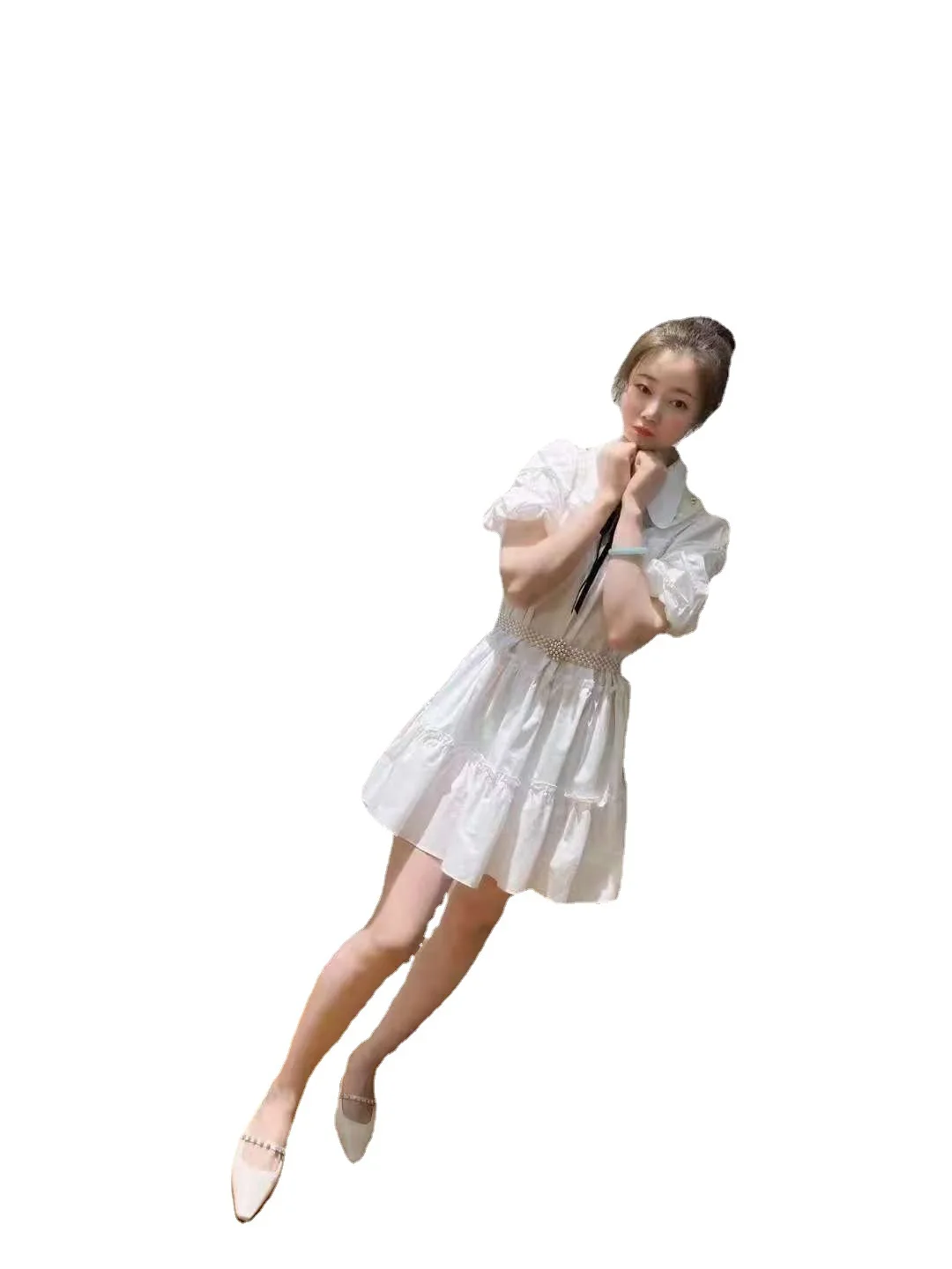 

Marcini 2021 pure color temperament bubble sleeve design princess skirt white women's dress