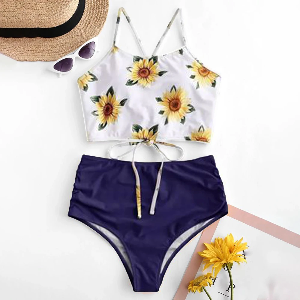 

Sunflower Printed Bikini Set Sexy Swimwear Women Mujer Push Up Padded Biquini Bathers Bandage Bathing Suit Swimsuit Bikini 2021