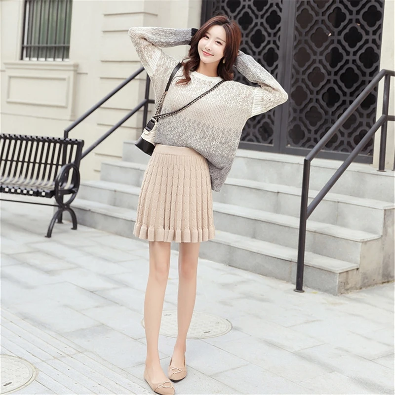 

2020 Women Skirt Autumn Winter Korean Elastic High Waist Mini knitted Casual Skirt A Line Solid Color Elegant Skirts Women