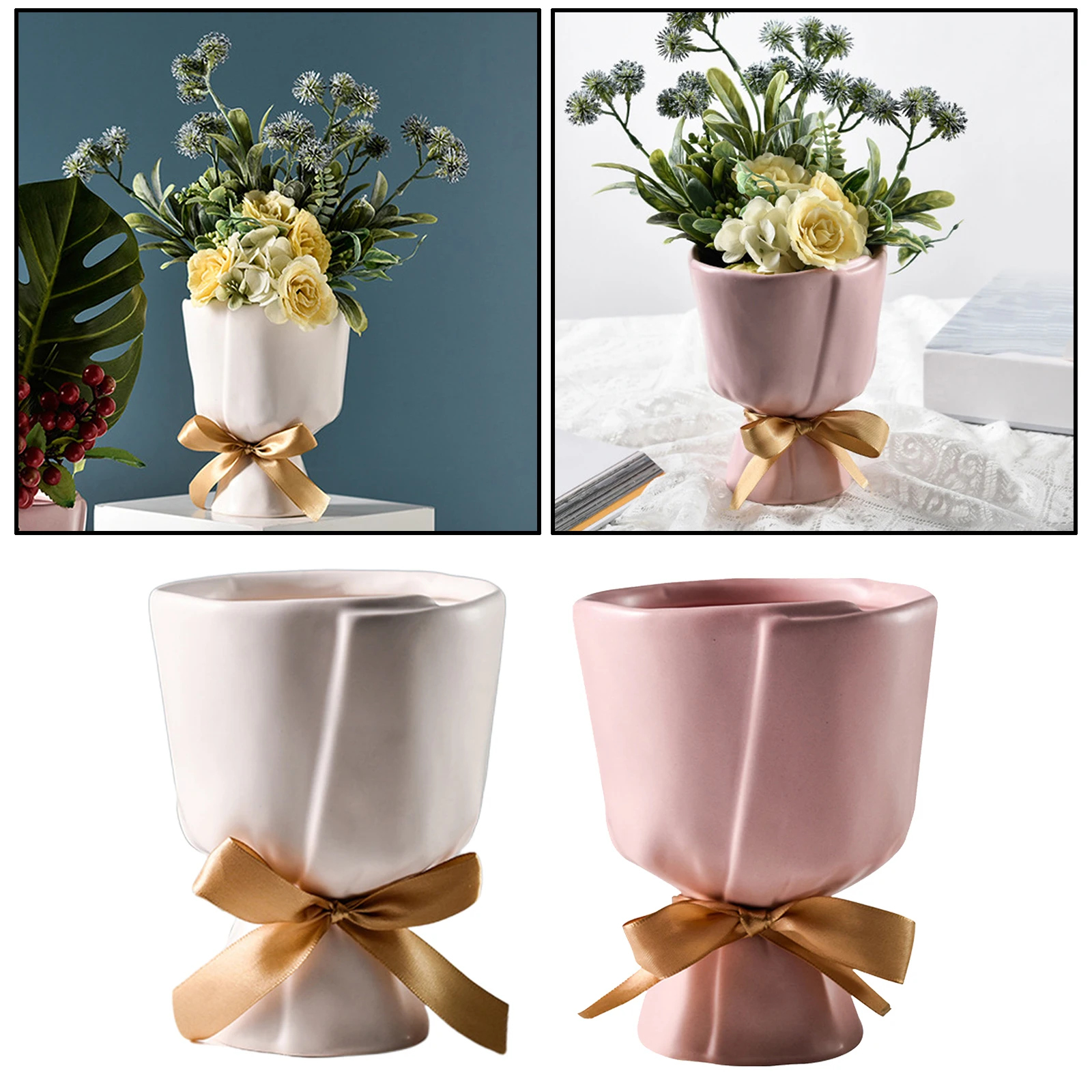 

Bouquet Bowknot Vase Ceramic Tabletop Flower Pot Planter Modern Home Decors