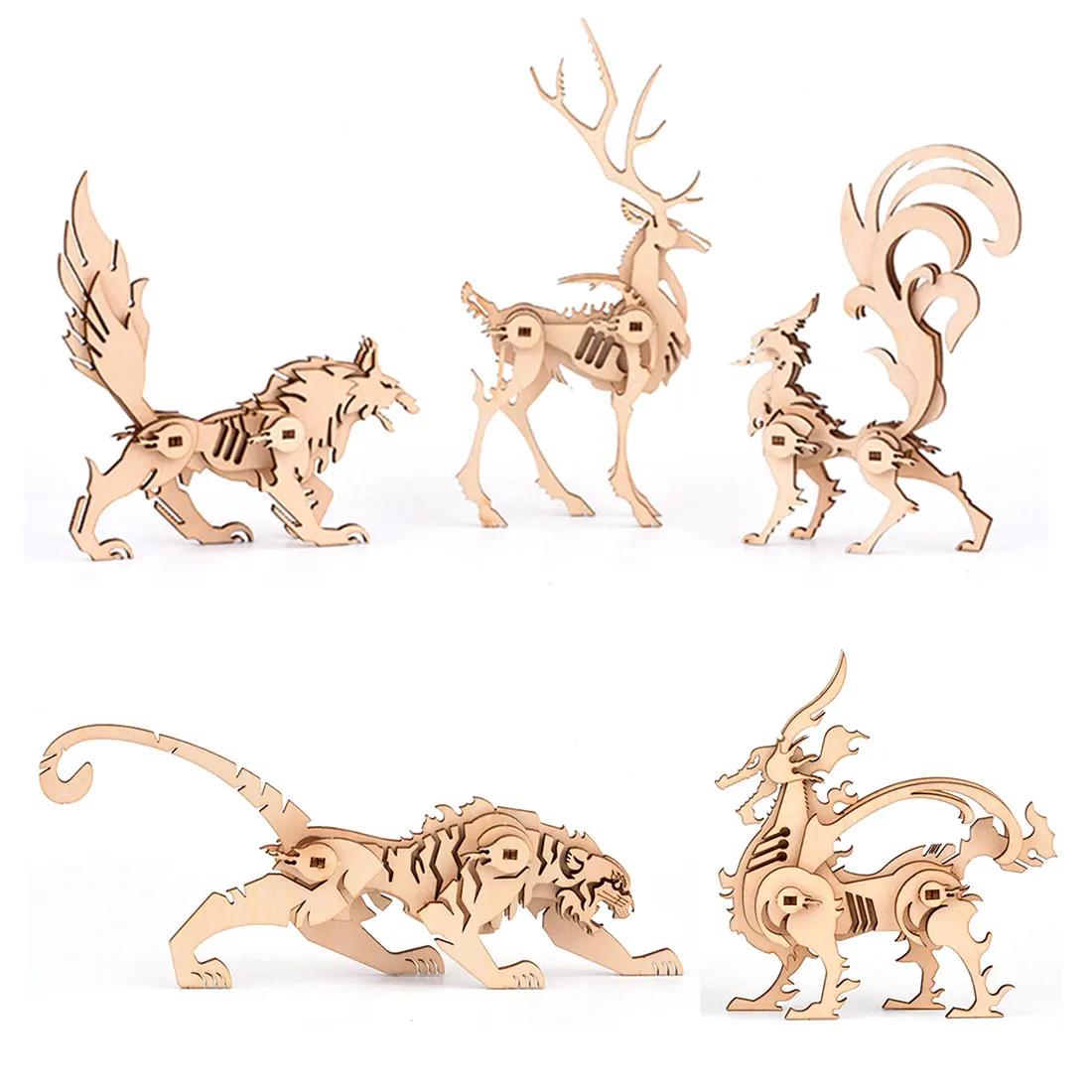 

5Pcs/set 3D Wooden DIY Animal Puzzle Model Kit Assembly Woodcrafts for Home Decor For Over 6-(Elk+Fox+Dragon+Wolf+Tiger)