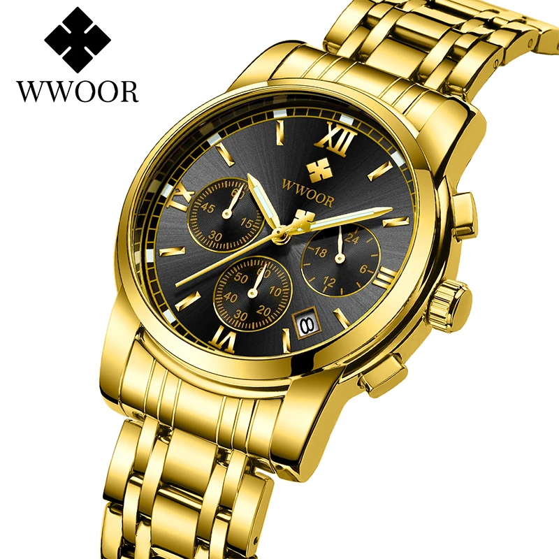 

WWOOR Sports Watch For Mens Top Brand Analog Chronograph Watches Date Waterproof Quartz Gold Wristwatches Male Relogio Masculino