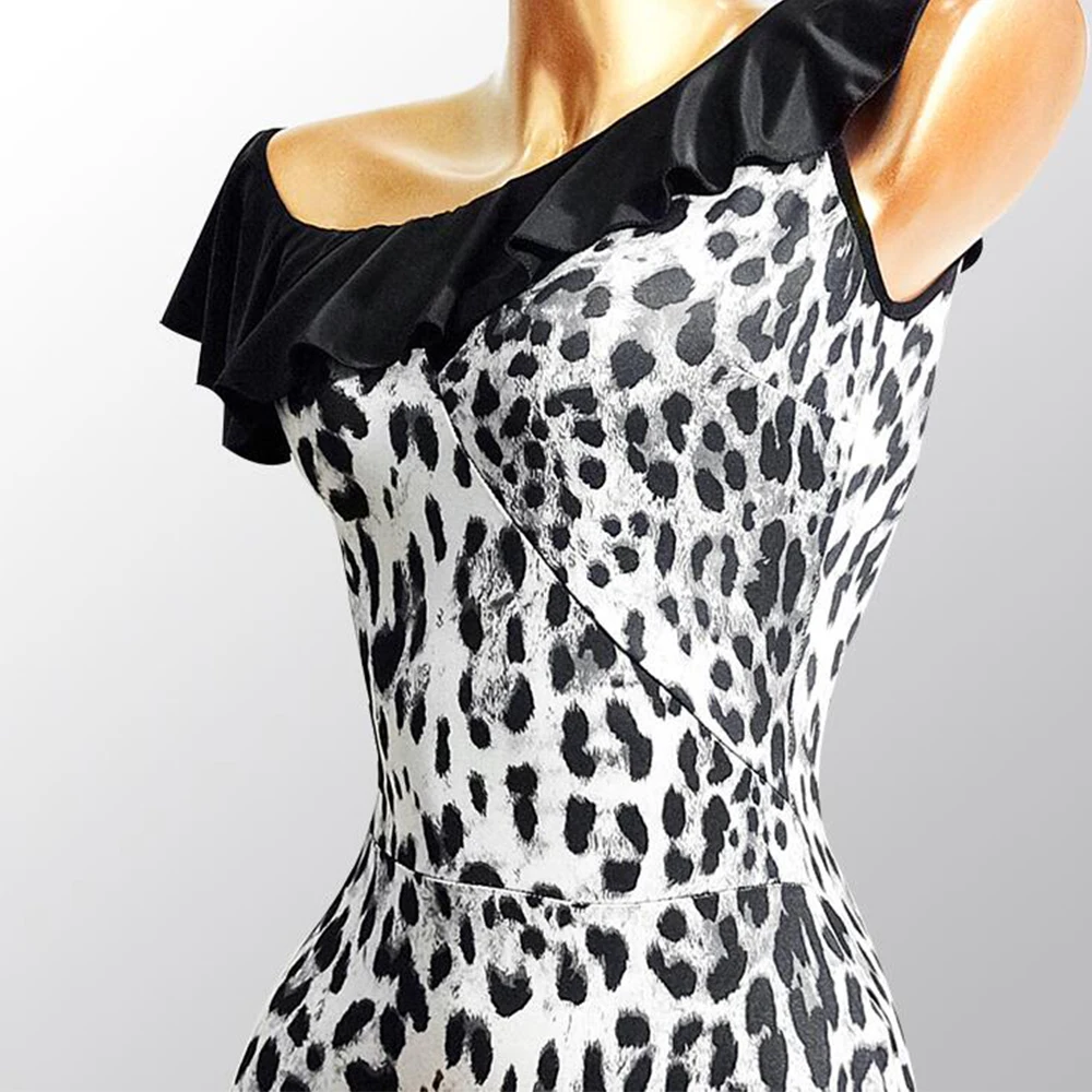 

Latin Dance Top Sexy Leopard Bodysuits Oblique Shoulder Lotus Leaf Women Tango Cha Cha Rumba Samba Dancing Performance Wear
