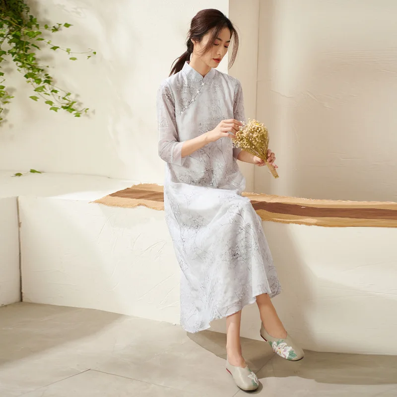 

Qingshuzhai spring and summer 2021 new Chinese style women's dress long dress Zen retro printed chiffon dress women's summer