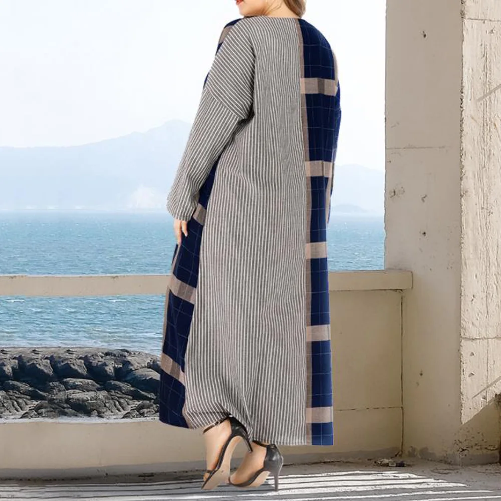 

Women Long Sleeve Pacthwork Dress 2021 Spring Summer Vintage Plaid Print Casual Dress Sundress Cotton Linen Long Maxi Dresses