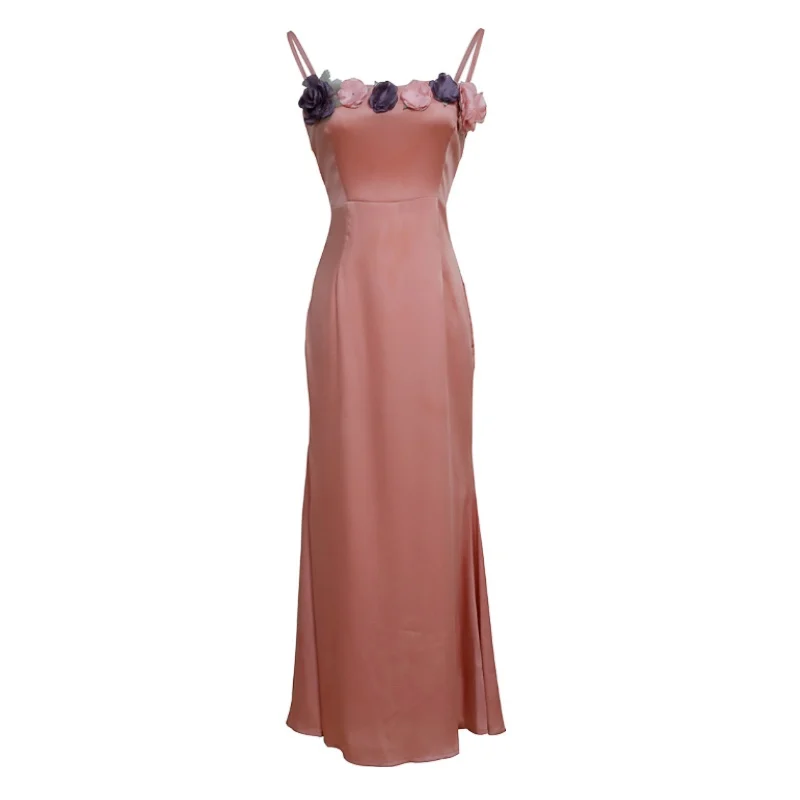 

Sexy suspender long party dress flower backless slim party dress elegant fashion sweet suspender dress Summer Dress 2020