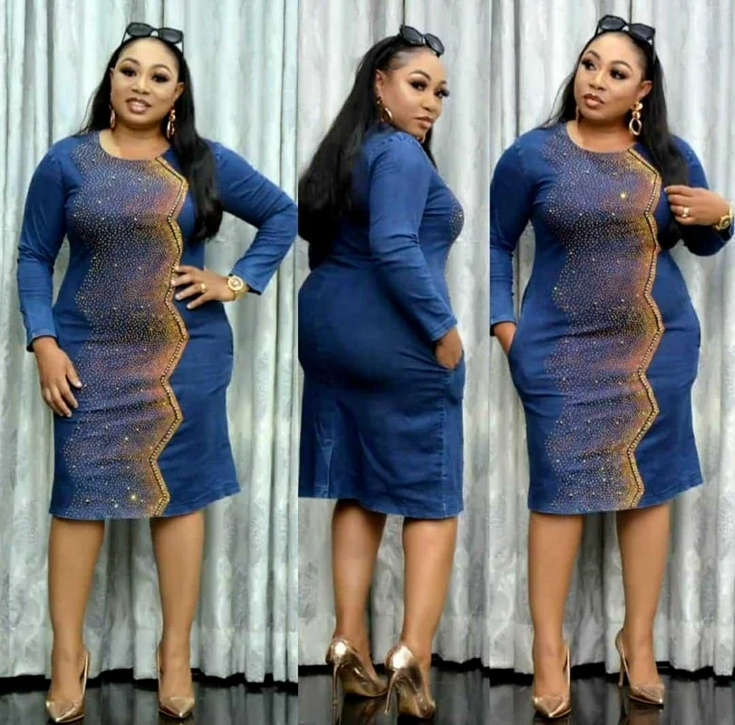 Большой Размеры 5XL Модные женские джинсовые горячей бурения платье Элегантная