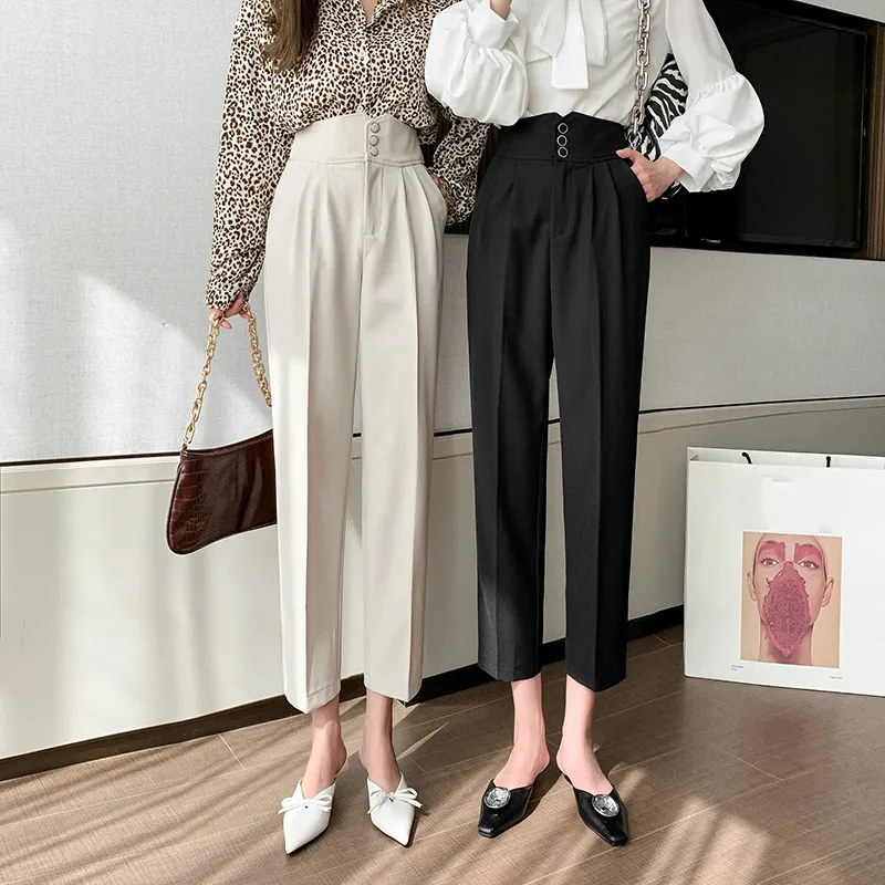 

Chic High Waist Pleated Black Women Pants Buttons Casual Harlen Pants Office Lady Spring Summer Trousers 2021 New