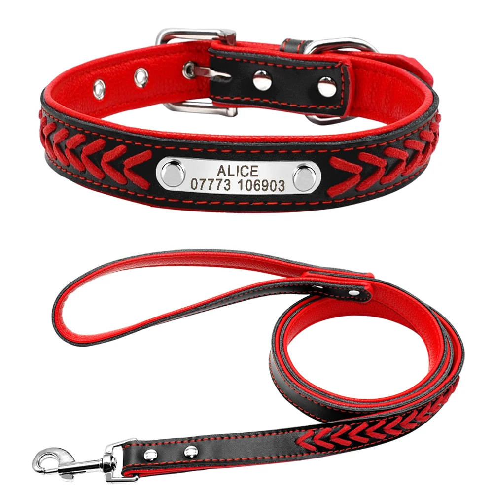 Red Set Кожаный ошейник для собак Плетеный персоанзсид ID бирка ошейники именная табличка индивидуальный ошейник для домашних животных кожаные поводки с карабином - Цвет: Red Set