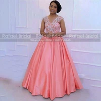 chic appliques beads long prom dresses for women sheer v neck coral satin a line women formal evening dress party gown