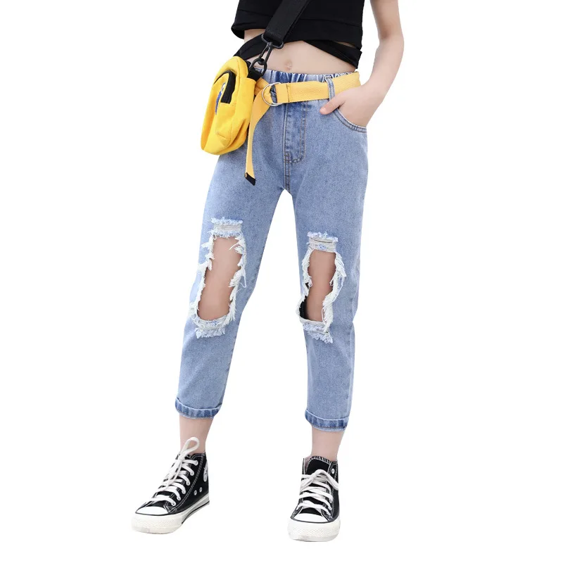Girls Ripped Jeans 2021 Summer New Large Children Qi Gai Ku Fashionable Denim Ankle-length Pants Song Yao Dai | Мать и ребенок