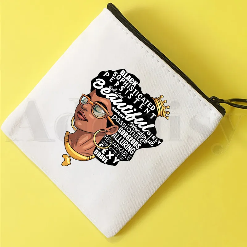 

Melanin Queen African History Month Curly Hair Coin Purse Illustration Key Case Simple Small Cloth Bag New Creative Coin Purse