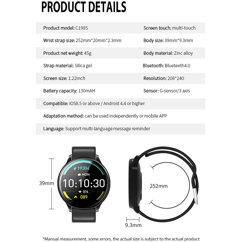 

198S Smart Watch For Men Women Pedometer Smartwatch Blood Pressure Full Touch Electronic Fitness Tracker Watch IP67 Waterproof