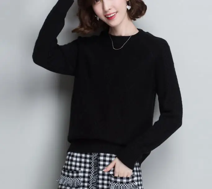 Black Soft Cozy Cashmere Cotton Blend Embossing Pullover Sweater Autumn Winter Women Clothes Basic Jumper Pull Femme Pink Sweater - Color: Black