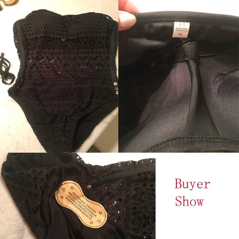 Женский слитный купальник размера плюс 3XL пикантный черный ажурный однотонное