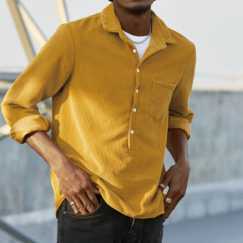 

Elegant Solid Corduroy Casual Loose Shirts Spring Autumn Long Mens Sleeve Shirt Fashion Button Turn-down Collar Tops Streetwear