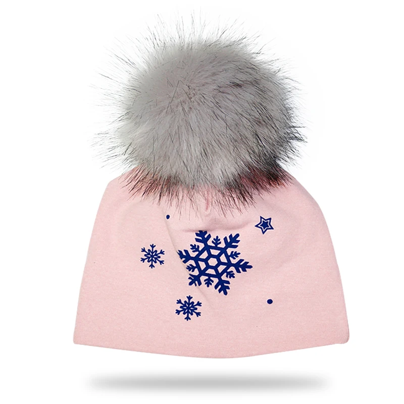 pink snow Хлопковая детская шапка Помпон с искуственным мехом шапка для девочек и мальчиков зимняя детская Кепка - Цвет: pink snow