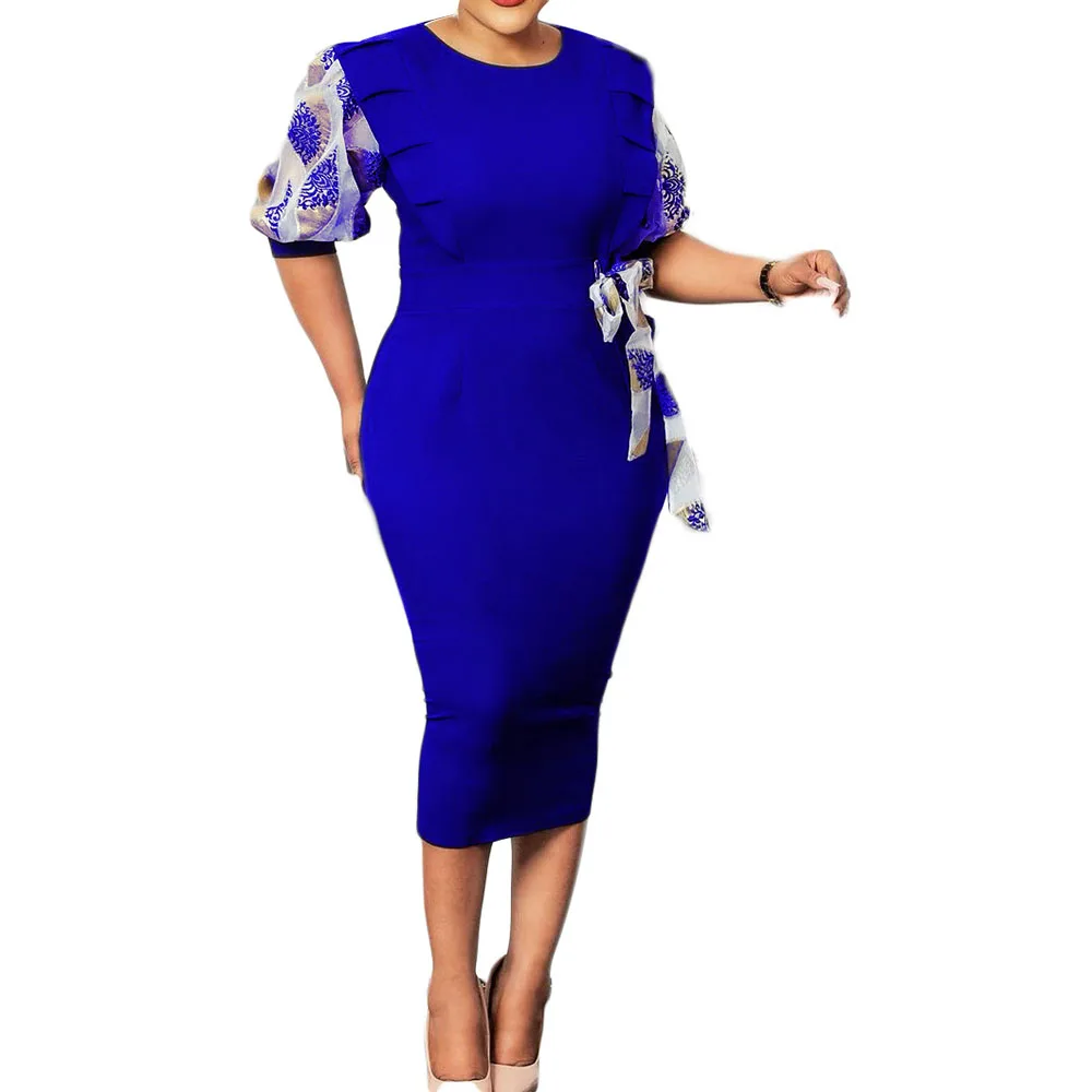 

2021 Summer New Temperament Commute Women's Dress Solid Color Printing Plus Size Casual African Round Neck Puff Sleeve Dress