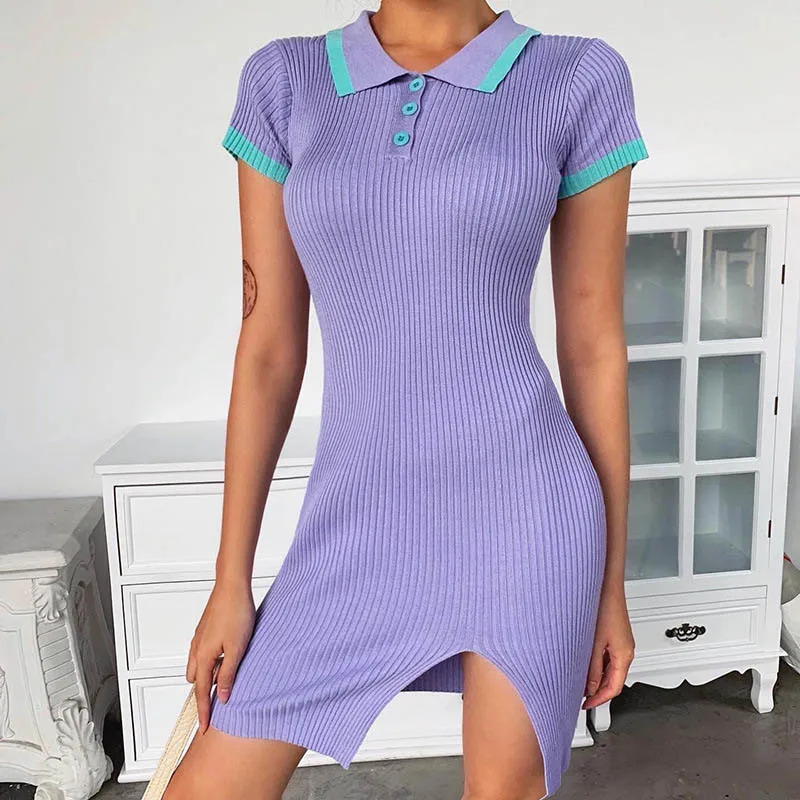 

Summer Dress Women Short Sleeve Turn-down Collar Button Knitted Bodycon Dress Casual Slim Elastic Irregular Split Short Dresses