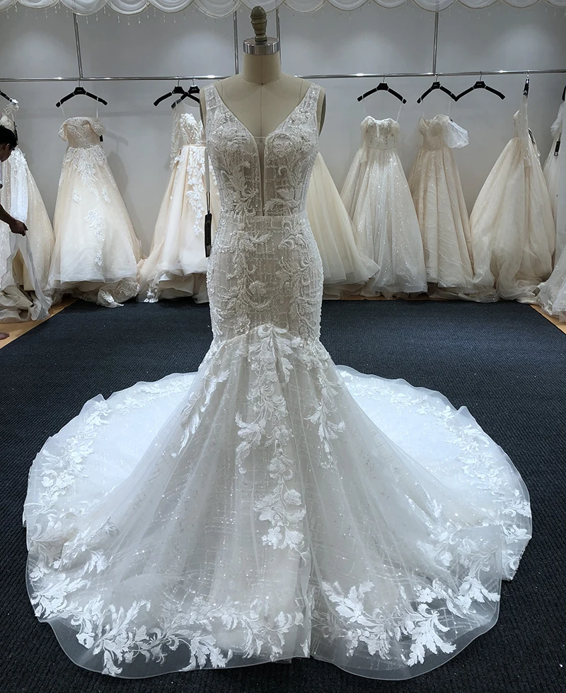 Женское платье с глубоким V образным вырезом без рукавов свадебное Русалка длинным шлейфом свадебные платья