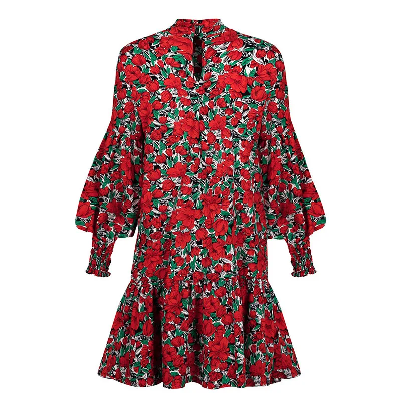 

Autumn Printed Stand Collar Sexy Women Dress Fashion Loose Casual Chiffon Pullover Top Lantern Elastic Long Sleeve Ladies Dress