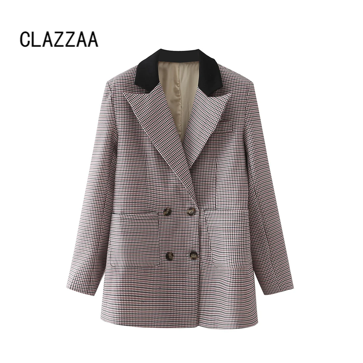 

Clazzaa Women Fashion Plaid Double Breasted Blazer Vintage Long Sleeves Notched Neck Casual Female Suit veste femme